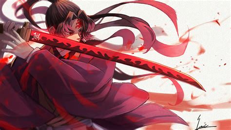 1080P free download | demon slayer yoriichi tsugikuni on side with a red sword with background ...