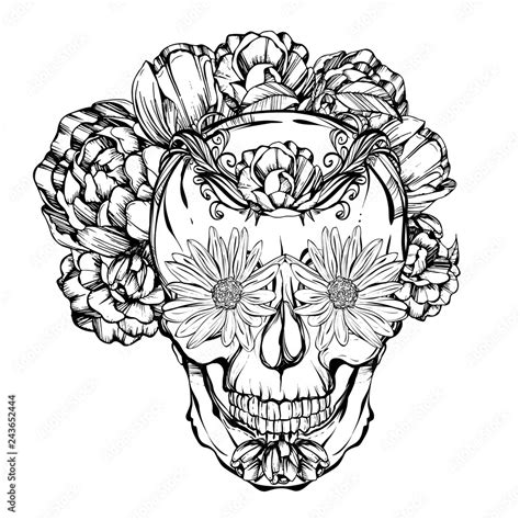 Halloween. Día de los Muertos. skull adorned with flowers. Handmade. Tattoo design. Vector ...