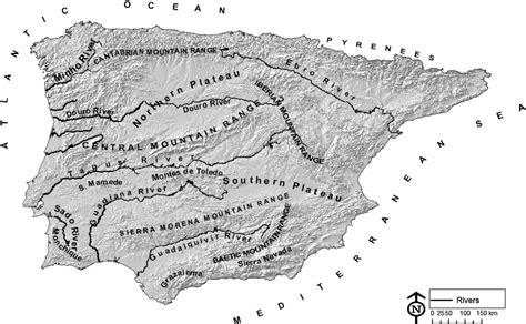 Map of the Iberian Peninsula depicting altitude and major rivers. Most ...