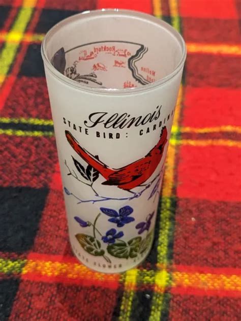 VINTAGE '50S ILLINOIS Map State Bird CARDINAL 9.75'' Frosted Glass ...