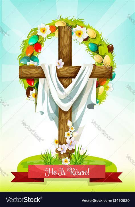 Easter sunday cross with flower and egg wreath Vector Image