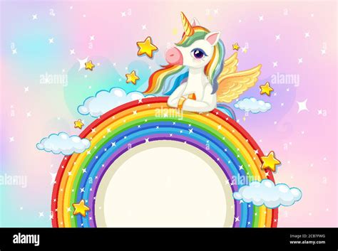 Blank banner with cute unicorn on rainbow in the pastel sky background illustration Stock Vector ...