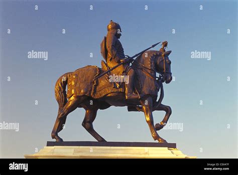 Maharana Pratap sitting on horse chetak statue ; Moti Mogri ; Udaipur ; Rajasthan ; India ; asia ...