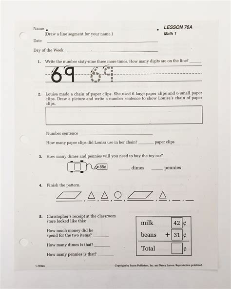 Saxon Math Grade 1 Worksheet