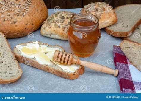 Slice Bread with Butter and Honey for Breakfast Stock Photo - Image of ...