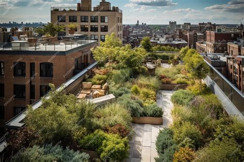 Premium AI Image | A rooftop garden with a view of the city in the background