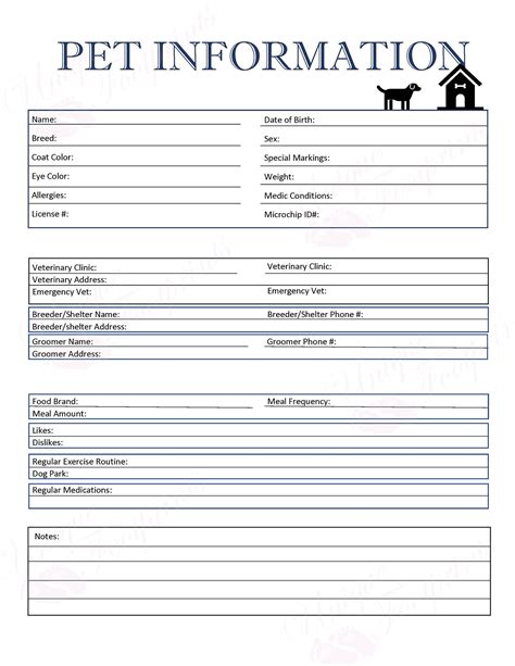 Pet Information Sheet-dog Care Sheet Dogcare Business Dog Care Business ...