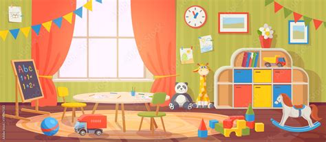 Kindergarten interior. Daycare nursery with furniture and kid toys ...