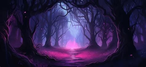 Premium AI Image | A dark forest with a purple background and a purple light in the corner.