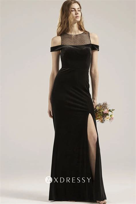 Off-shoulder Mesh Neck Black Velvet Bridesmaid Dress - Xdressy