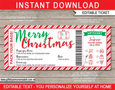 Christmas Travel Ticket Template | Surprise Vacation Reveal Gift Idea