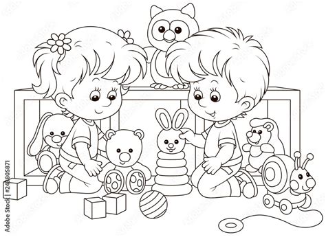 Small children playing with toys in a nursery, black and white vector ...