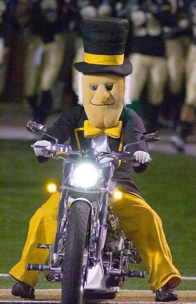 Wake Forest University's mascot, the Demon Deacon, riding his motorcycle into Groves Stadium ...