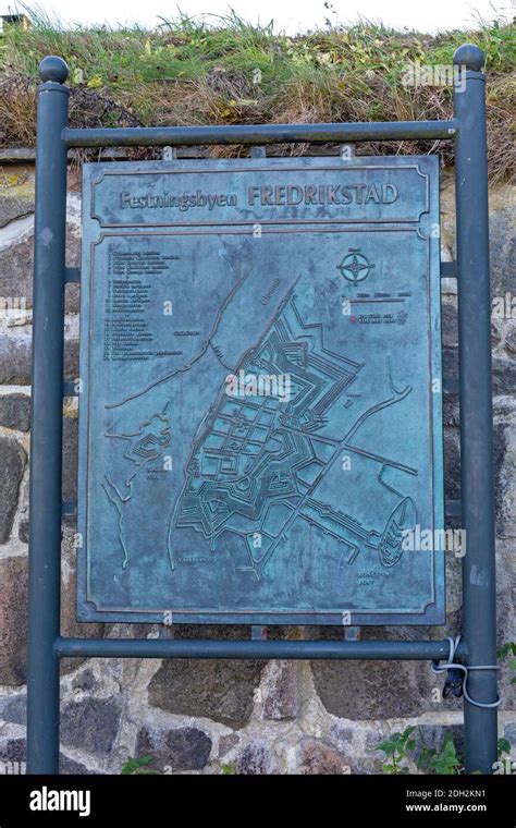 Fredrikstad, Norway - October 28, 2016: Bronze Map Sign Old Town Gamlebyen Fortress in ...