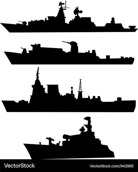 Four silhouettes of a military ship Royalty Free Vector