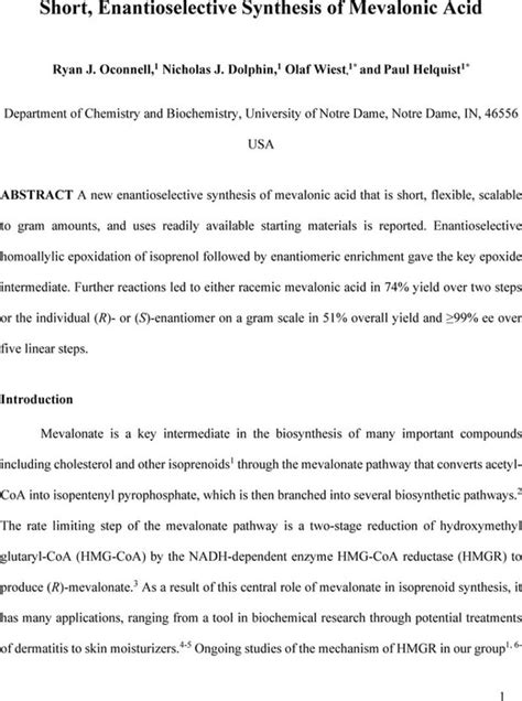 Short, Enantioselective Synthesis of Mevalonic Acid | Organic Chemistry ...