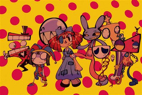 an image of some cartoon characters on a yellow and red background with ...