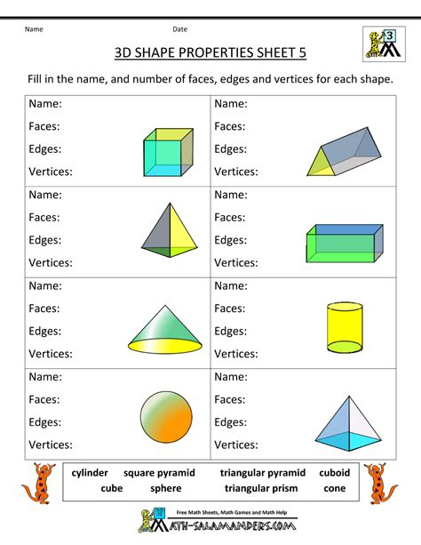 3d shapes properties worksheet year 3