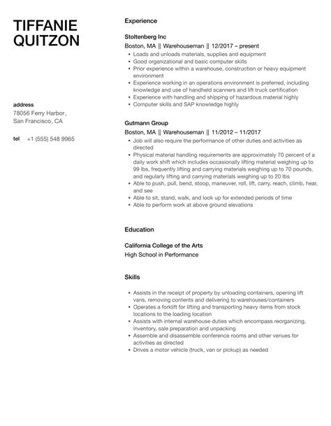 Warehouseman Resume Samples | Velvet Jobs