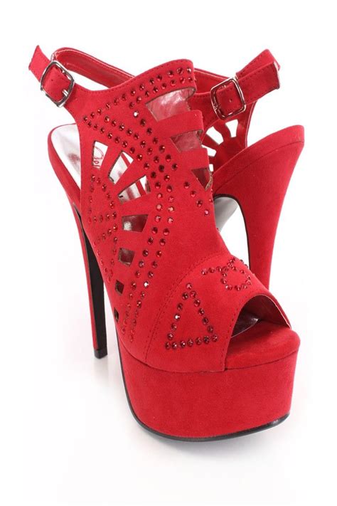 Red Rhinestone Perforated Heels Faux Suede | Heels, Perforated heels, Dress shoes womens