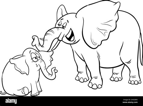 Black and white cartoon illustration of cute baby elephant animal character with his mother ...