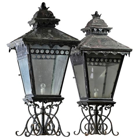 Pair of Large Wrought Iron and Glazed Pier Lanterns at 1stDibs