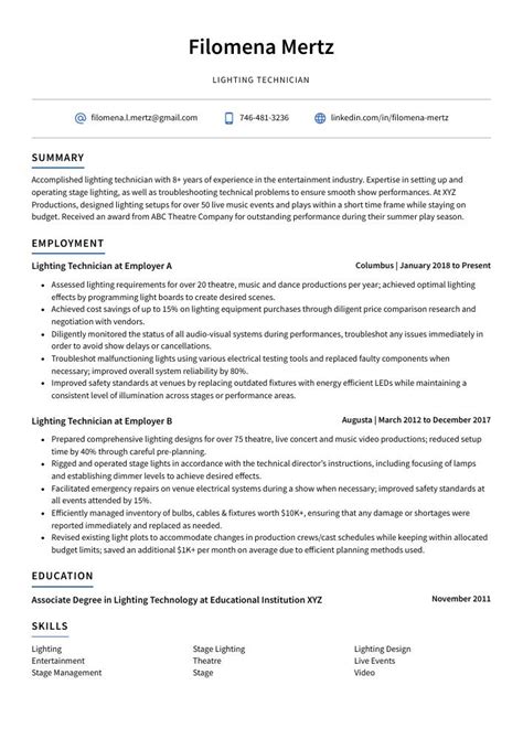 Lighting Technician Resume (CV) Example and Writing Guide