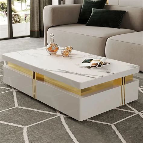 Trimied Modern Wood Coffee Table with Storage in White Center Table Stainless Steel Base ...