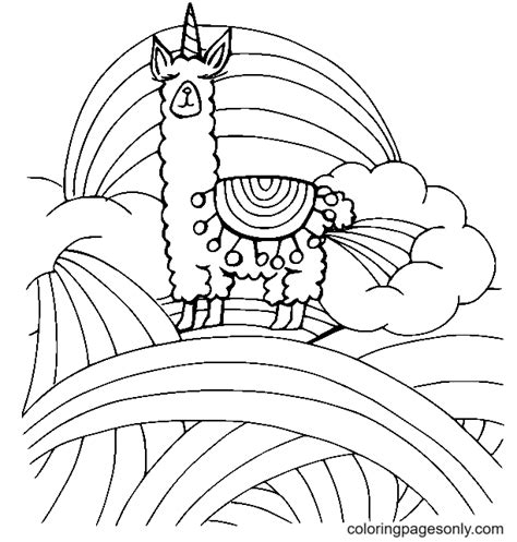 Llama Unicorn on the Rainbow Coloring Page - Free Printable Coloring Pages