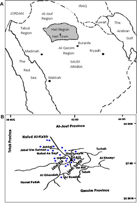 Map of Saudi Arabia showing Hail region (A) and the sampled sites in... | Download Scientific ...