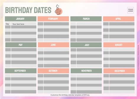 Printable Birthday Calendar Templates