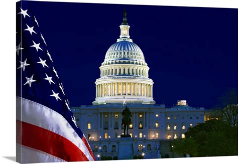 USA, Washington, DC, Capitol Building and US flag at night Wall Art ...