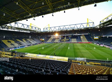 The empty stadium of Borussia Dortmund, Signal Iduna Park. Formerly known as Westfalenstadion ...