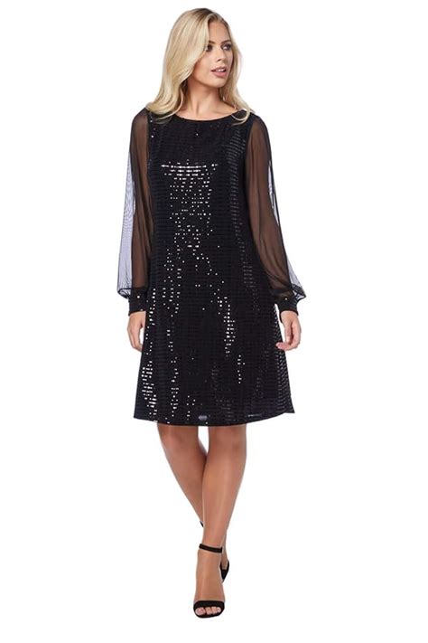 Roman Originals Evening Cocktail Party Little Black Dress - Ladies Chiffon Long Sleeve Shimmer ...