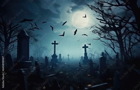 Halloween spooky night graveyard scene with bats and moon background ...