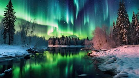 A mesmerizing portrayal of the Northern Lights dancing across a night sky over a frozen lake ...