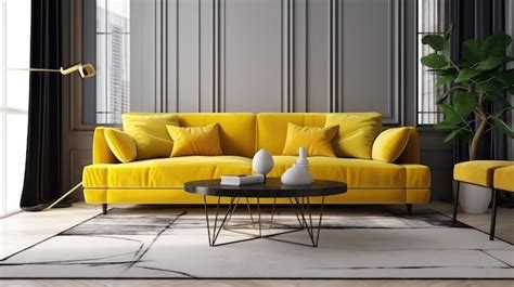 Premium Photo | A yellow sofa in a living room with a black coffee ...