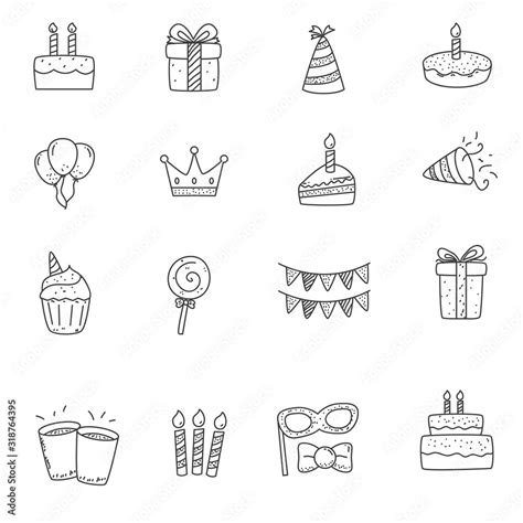 Set of birthday doodle elements in cute hand drawn style. Birthday doodles icons for kids Stock ...