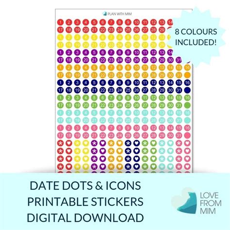 Printable DATE DOT Planner Stickers with Cut Files Date Dot | Etsy