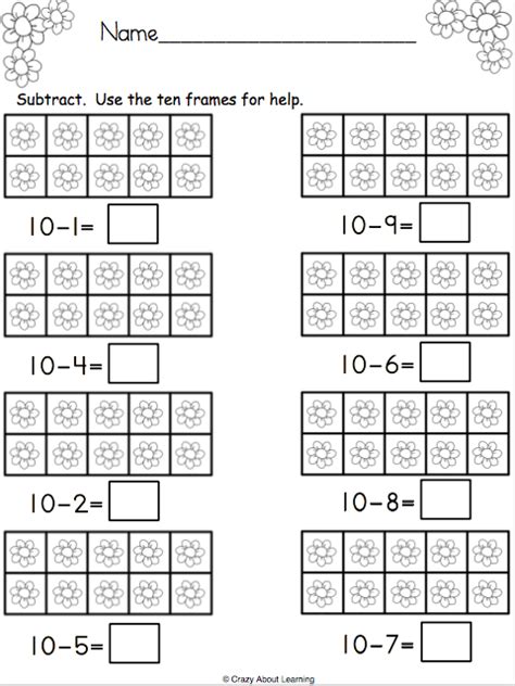 Subtraction Worksheet Using Ten Frames