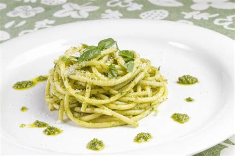 Spaghetti Pasta Bucatini with Pesto Sauce and Parmesan from Wild Garlic Stock Photo - Image of ...