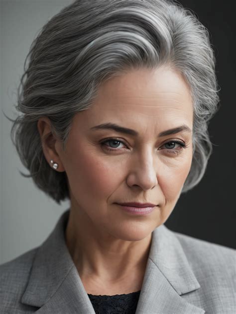 photo of a gray-haired woman in an elegant business suit, wide-frame photo, photo shoot style ...