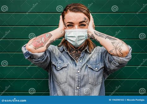 Tattoo Girl Wearing Face Protective Mask during Coronavirus Outbreak Stock Image - Image of ...