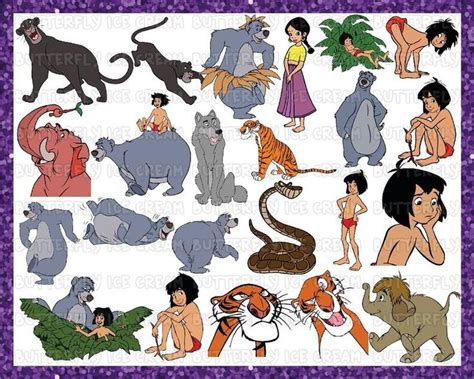 the jungle book characters are depicted in different poses and sizes, including an elephant, tiger,