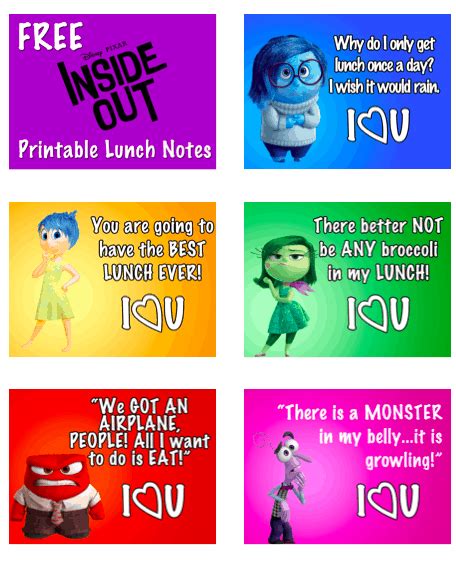 FREE Disney Pixar's Inside Out Lunch Notes