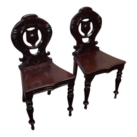 Antique Pair of Victorian Carved Mahogany Hall Chairs | ANTIQUES.CO.UK