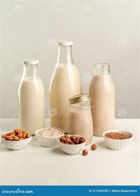 Different Types of Non-dairy Milk in Bottles, Ingredients Stock Photo - Image of calcium ...