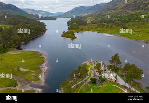 Aerial view along Glen Affric towards Glen Affric Lodge on Glen Affric Estate and Loch Affric ...