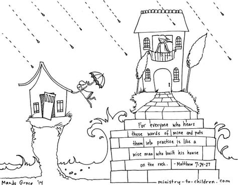 "Wise and Foolish Builders" Coloring Page Matthew 7:24 House on the Rock - Ministry-To-Children