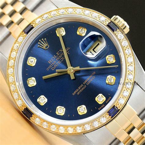 ROLEX MENS DATEJUST 16233 TWO TONE 18K YELLOW GOLD DIAMOND SAPPHIRE ...